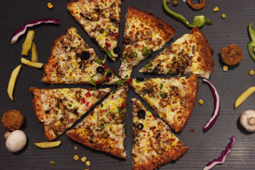 a pizza cut into eight slices on top of a table