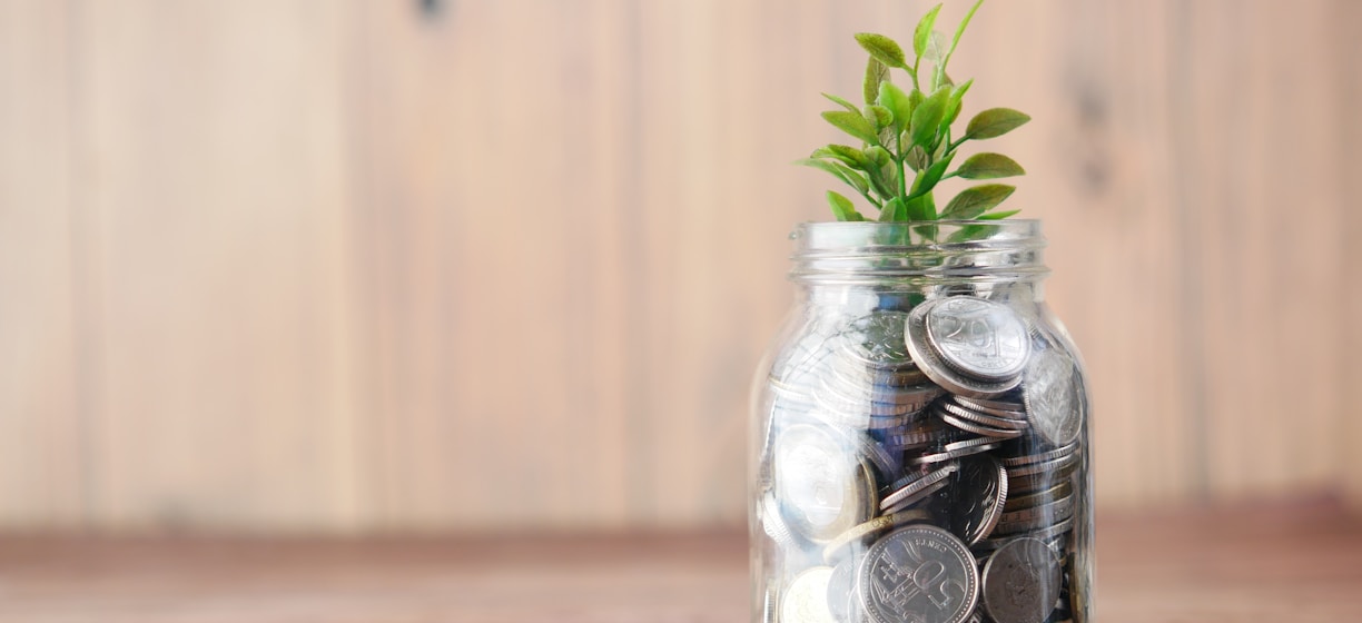 a glass jar filled with coins and a plant