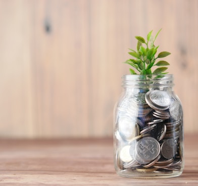 a glass jar filled with coins and a plant