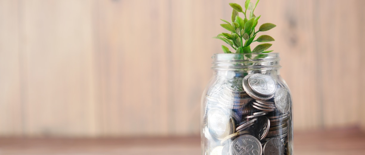 a glass jar filled with coins and a plant