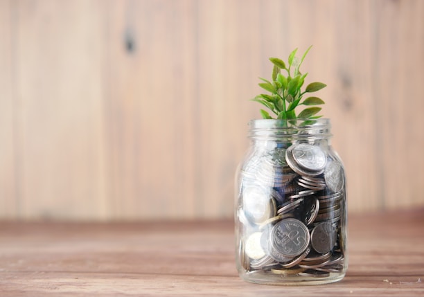 a glass jar filled with coins and a plant