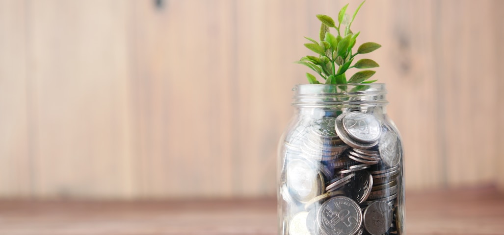 a glass jar filled with coins and a plant