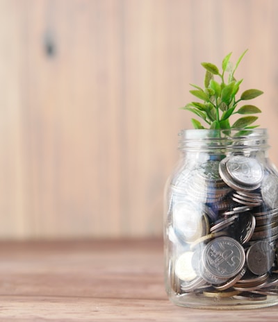 a glass jar filled with coins and a plant