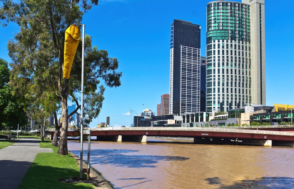 a river running through a city next to tall buildings