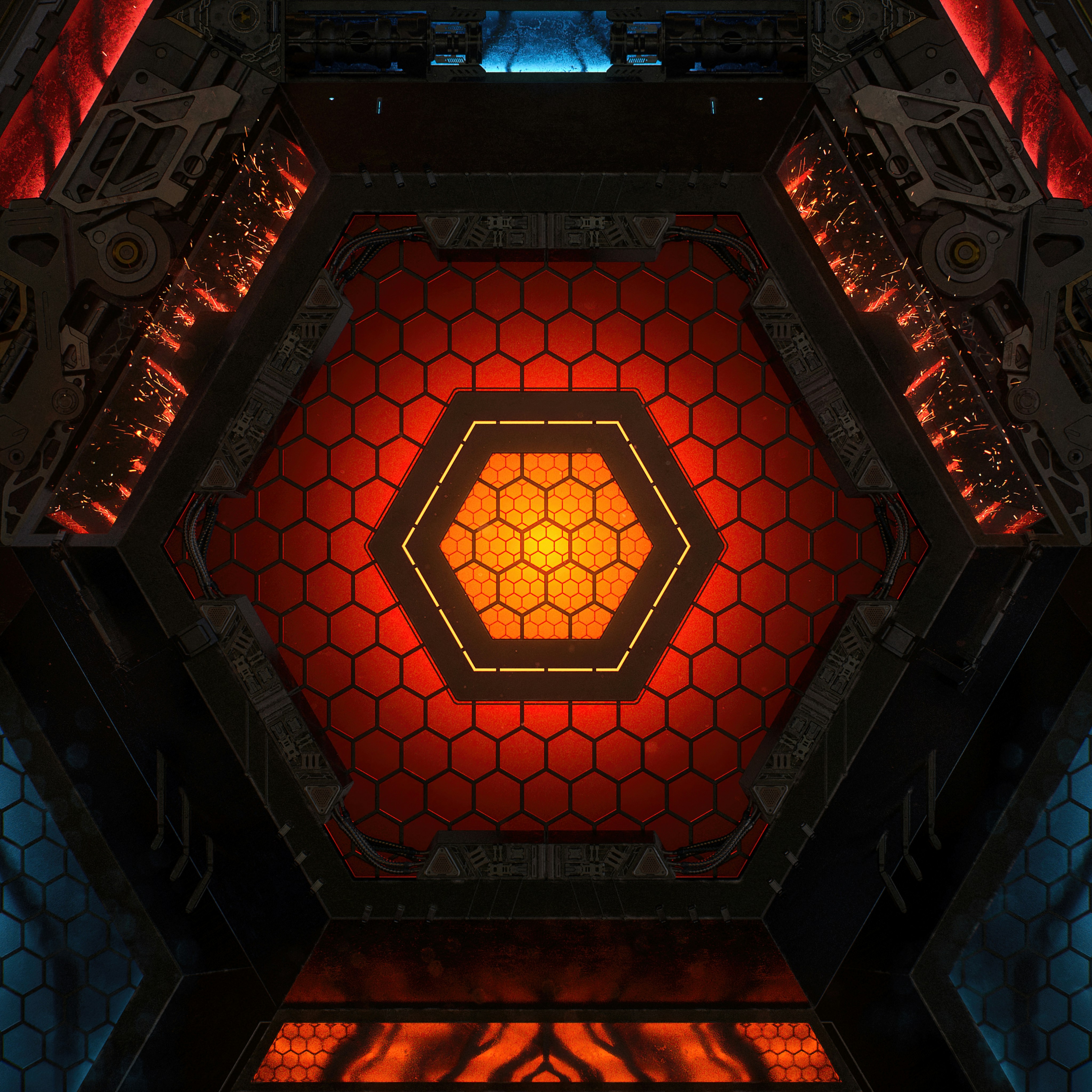 a red and yellow hexagonal structure with lights