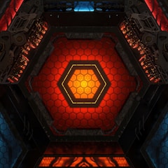 a red and yellow hexagonal structure with lights