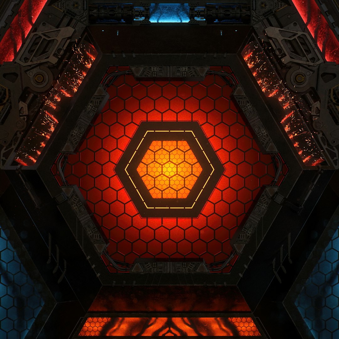 a red and yellow hexagonal structure with lights