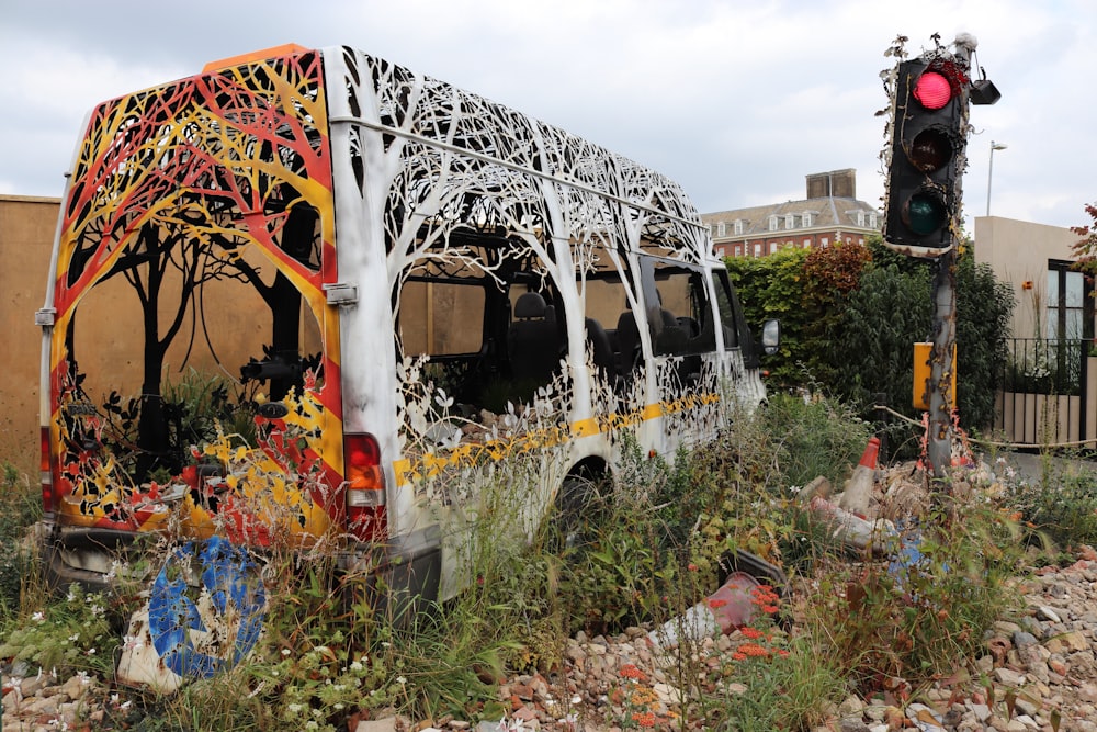 a bus that is sitting in the grass