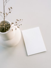 a white vase with a plant in it next to a blank card signifying to get in touch or contact me