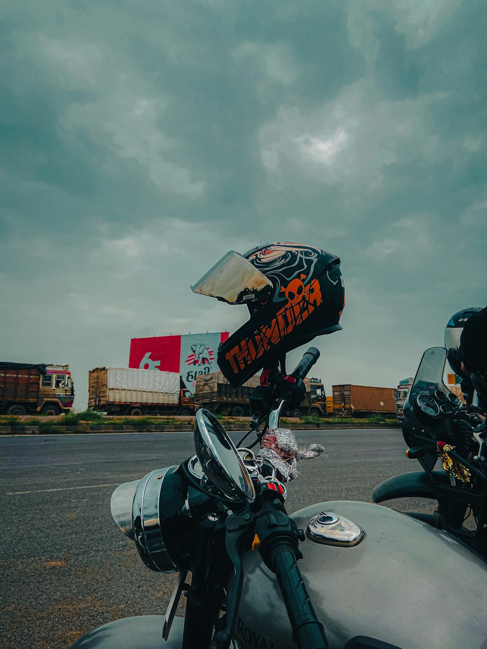 a motorcycle parked on the side of the road