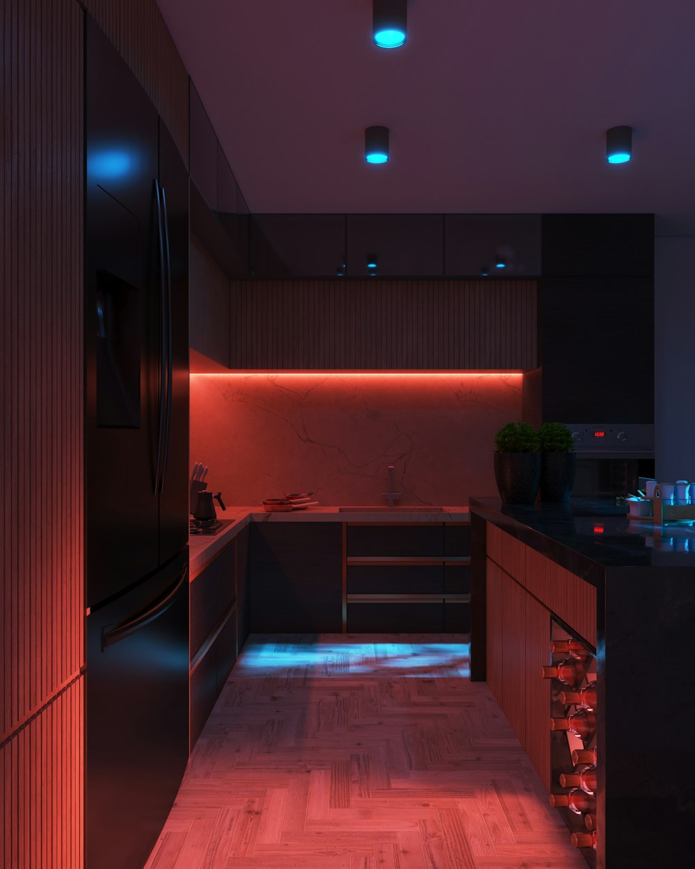 a kitchen with a black refrigerator freezer next to a counter