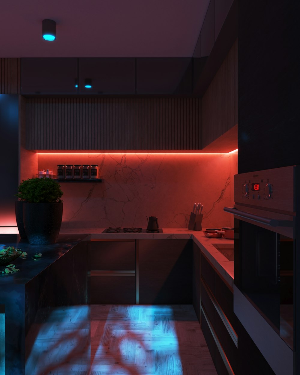 a kitchen with a blue and red light coming from the ceiling