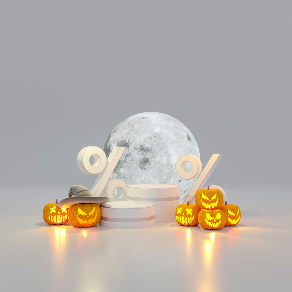 a pile of jack - o'- lantern pumpkins with the moon in the