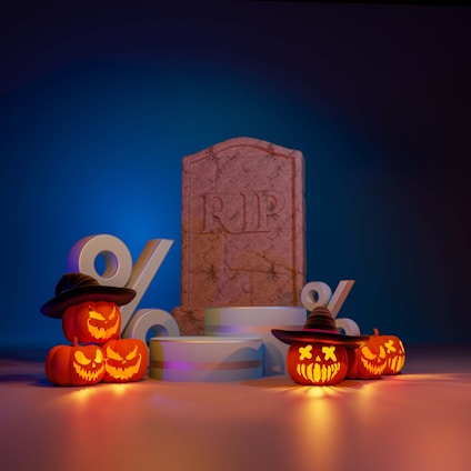 A tombstone marked with 'RIP' is surrounded by glowing jack-o'-lanterns with menacing carved faces. Some pumpkins wear witch hats. Large percentage symbols are positioned next to the pumpkins and the tombstone, creating a spooky yet playful Halloween atmosphere.