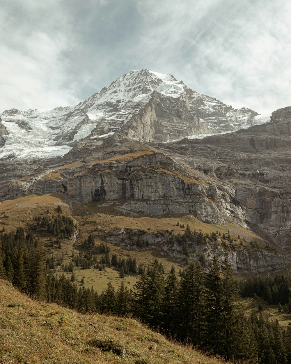 Ein Berg mit einem schneebedeckten Gipfel in der Ferne