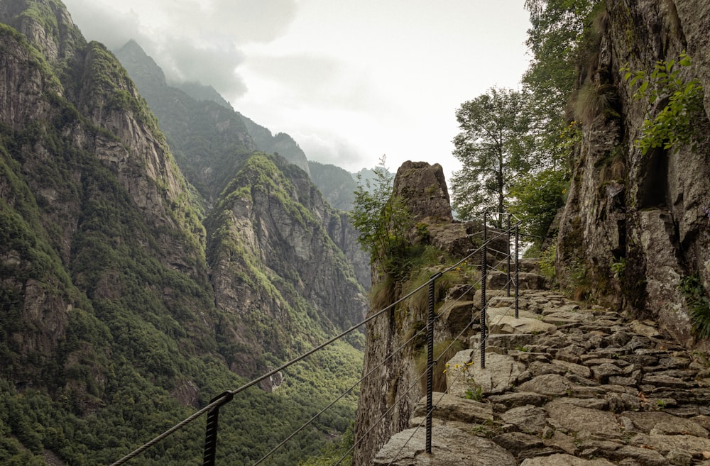 a man walking up a mountain side walkway