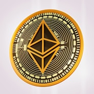 A digital representation of an Ethereum coin featuring a network-like pattern and binary code surrounding the Ethereum logo in the center. The coin has a gold and black color scheme.