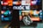 A blurred background displays a colorful television screen with various channels or streaming apps, featuring the Vietnamese word 'Quốc Tế'. In the foreground, a hand holds a smartphone on the left and a pair of wireless earphones in a case on the right, both out of focus.