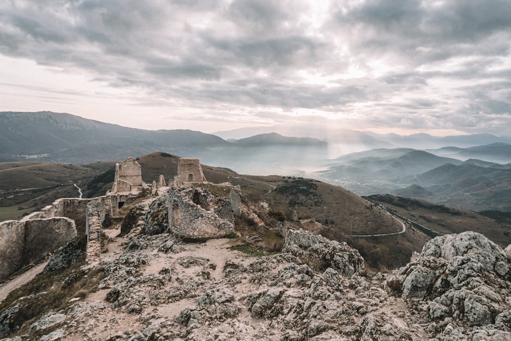 a view of a castle on top of a mountain