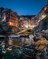a harbor with boats in the water at night