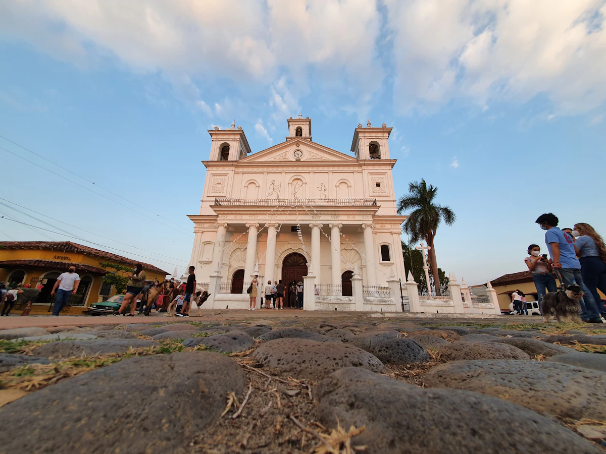People gathered in front of a church