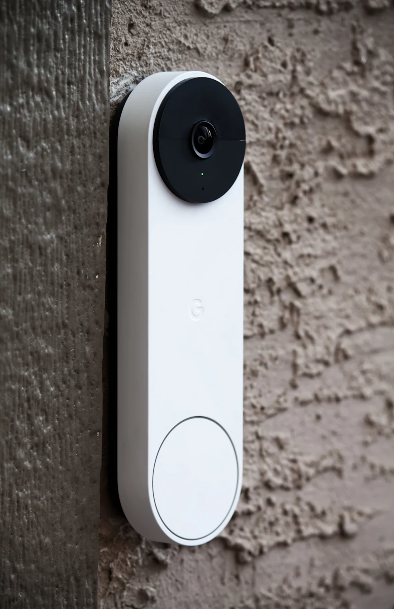 Video doorbell camera beside a front door