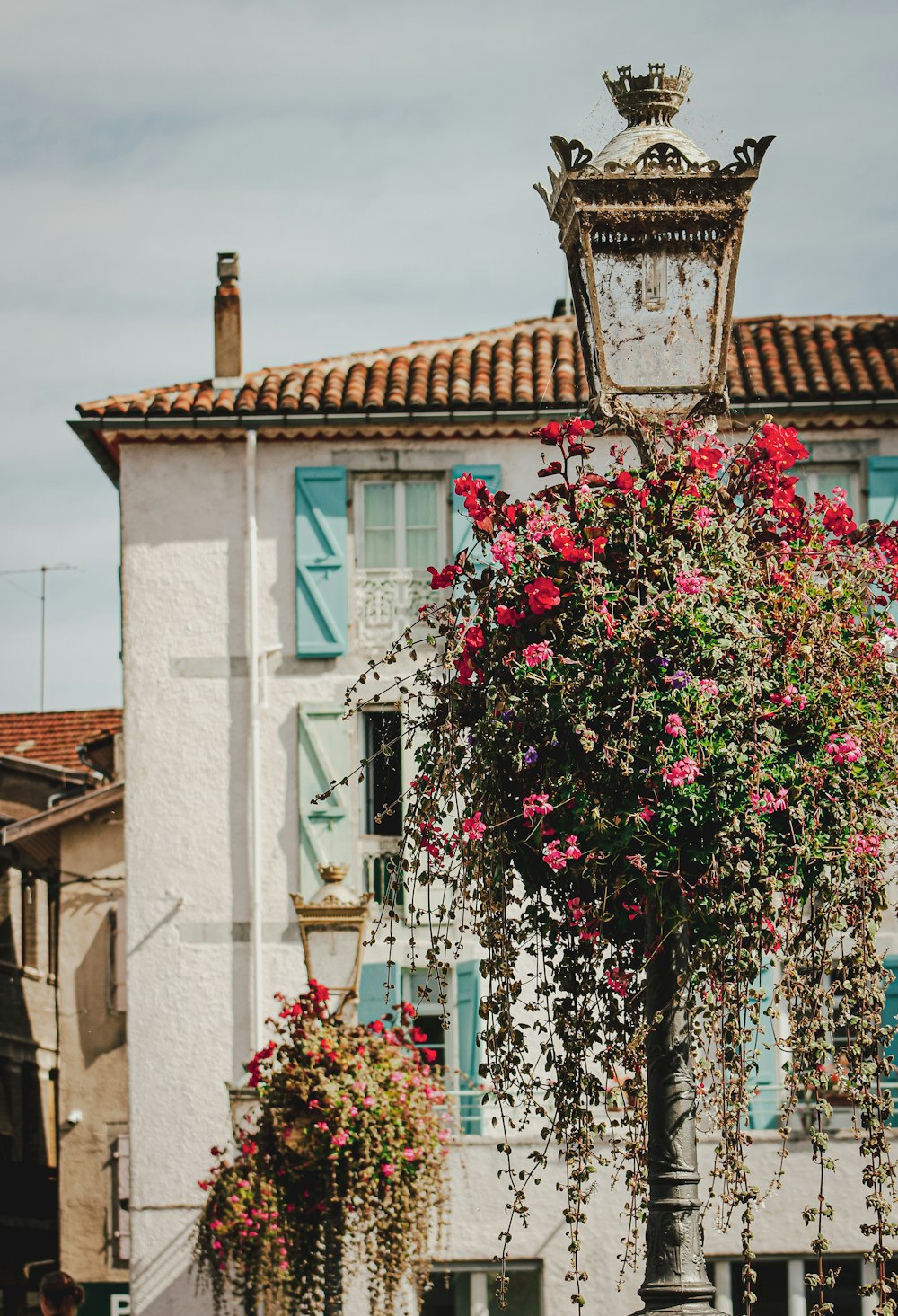 a lamp post with a bunch of flowers hanging from it