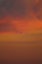 Close-up of a vibrant plane ascending against a sky with a gradient from day to sunset.