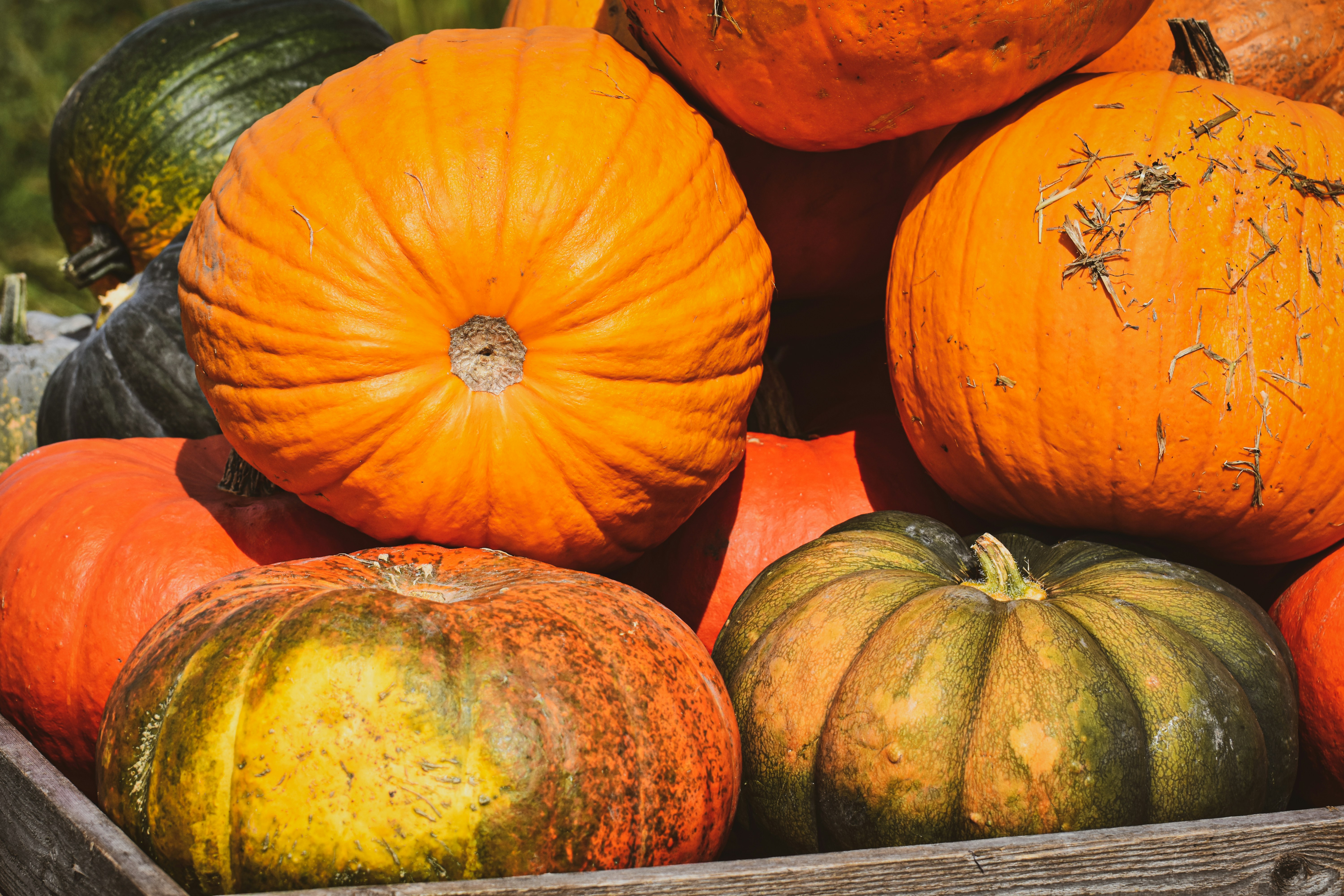 a wooden crate filled with lots of pumpkins