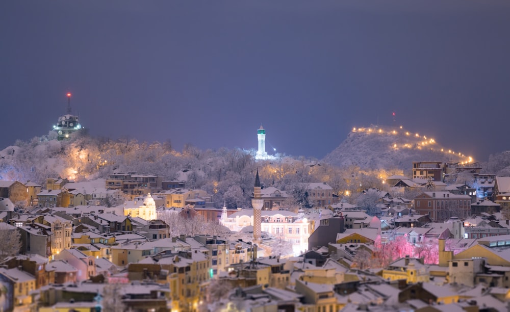 a view of a city at night with a snowy mountain in the background