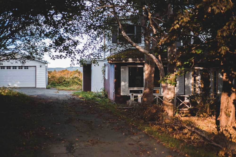 a house sitting next to a tree on a dirt road