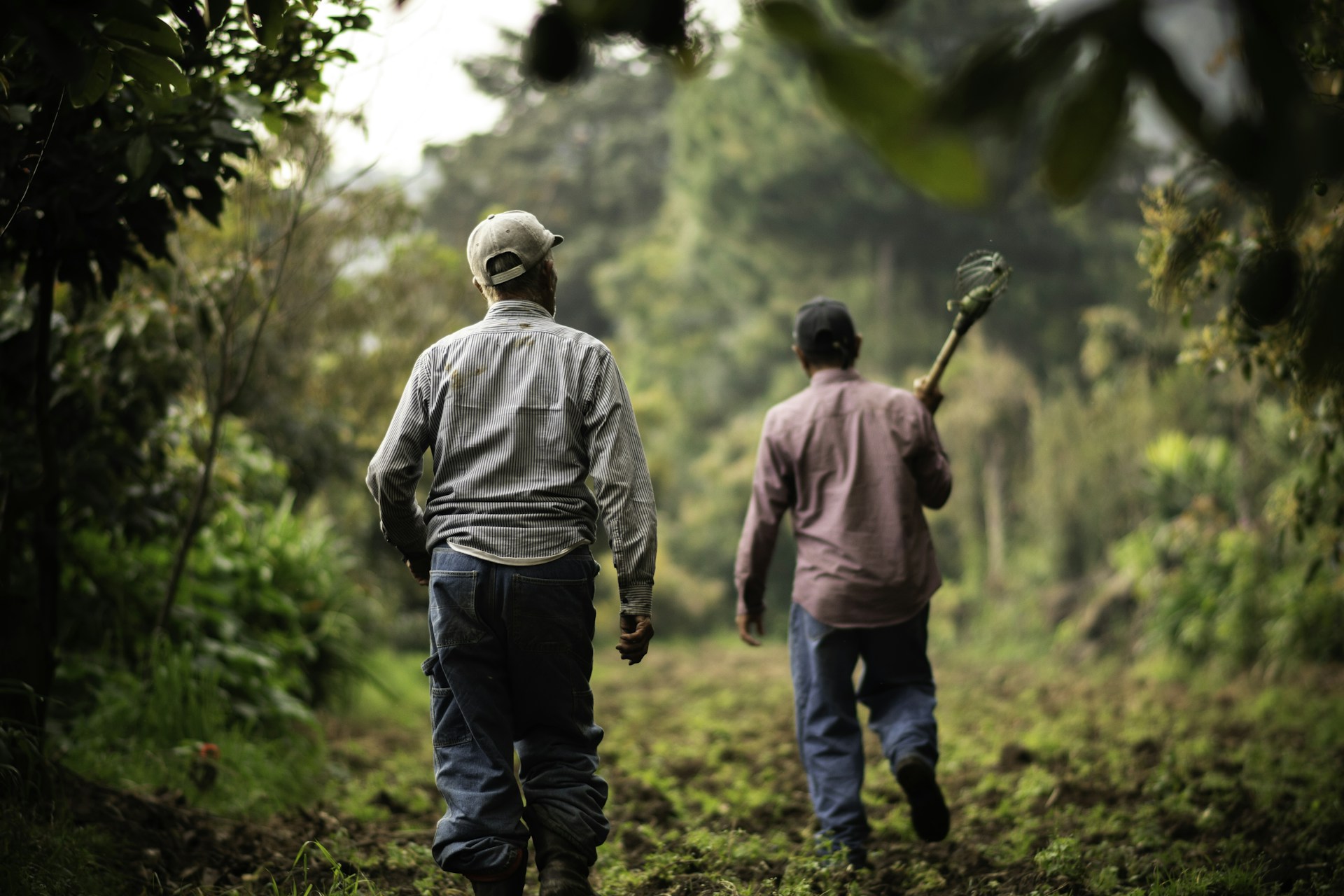 a couple of men walking down a dirt road