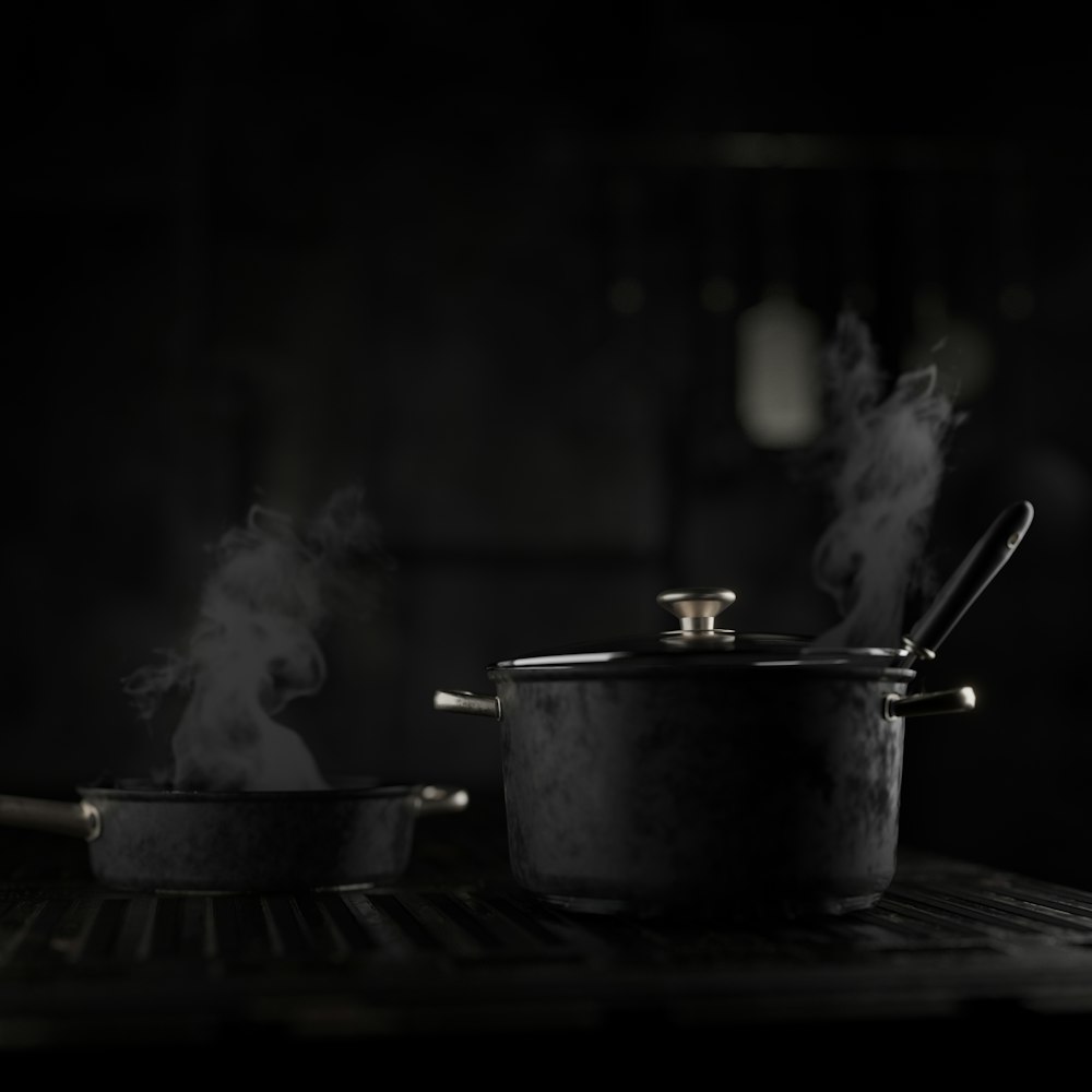 a pan with steam rising from it on a stove