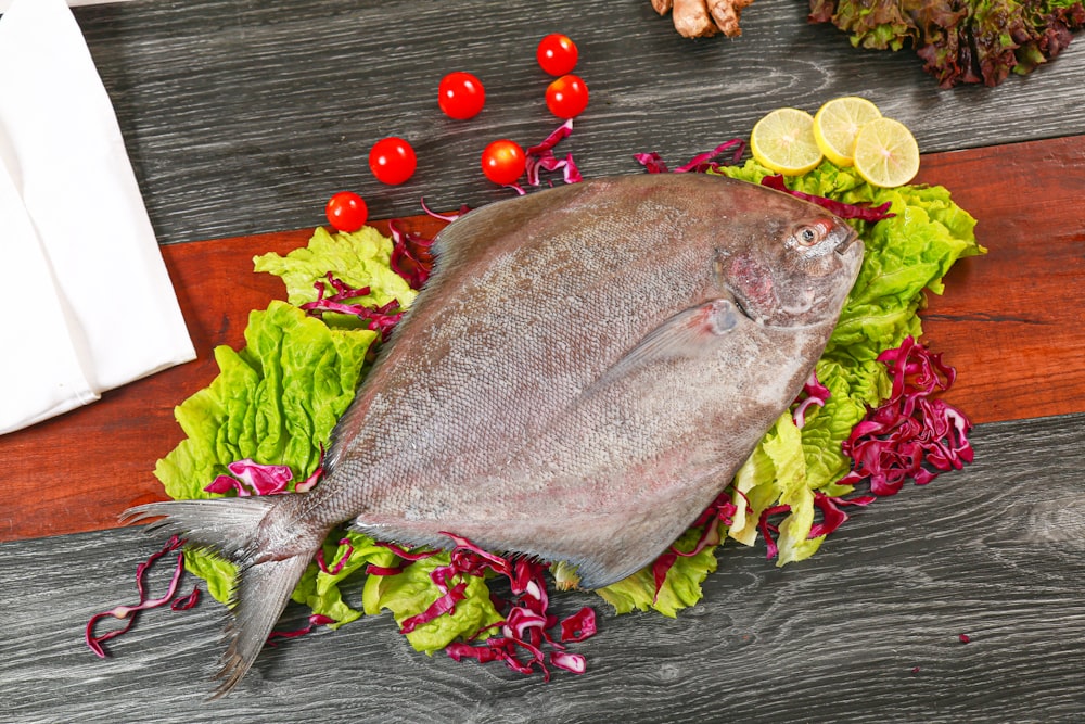 a fish on a bed of lettuce and tomatoes