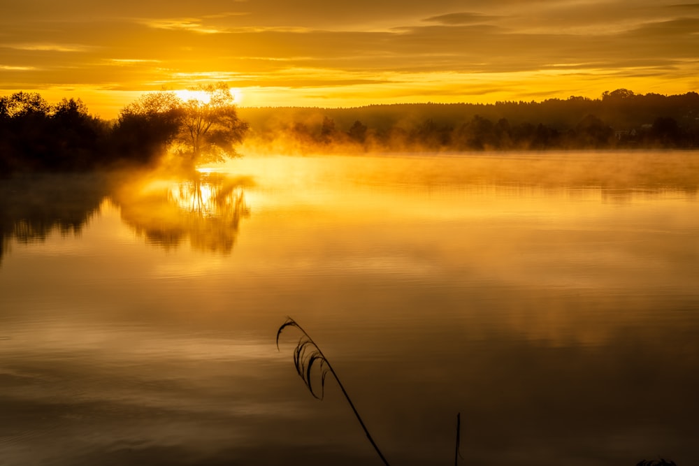 El sol se está poniendo sobre un lago tranquilo