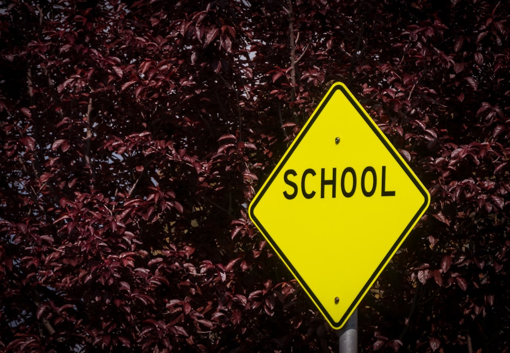 a yellow school crossing sign sitting in front of a bush