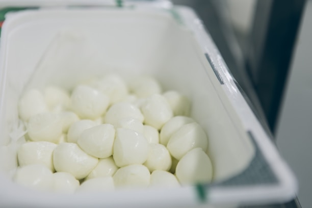 A container filled with small, round pieces of fresh mozzarella cheese. The cheese balls are smooth and have a glossy white appearance, positioned close together inside a rectangular container.