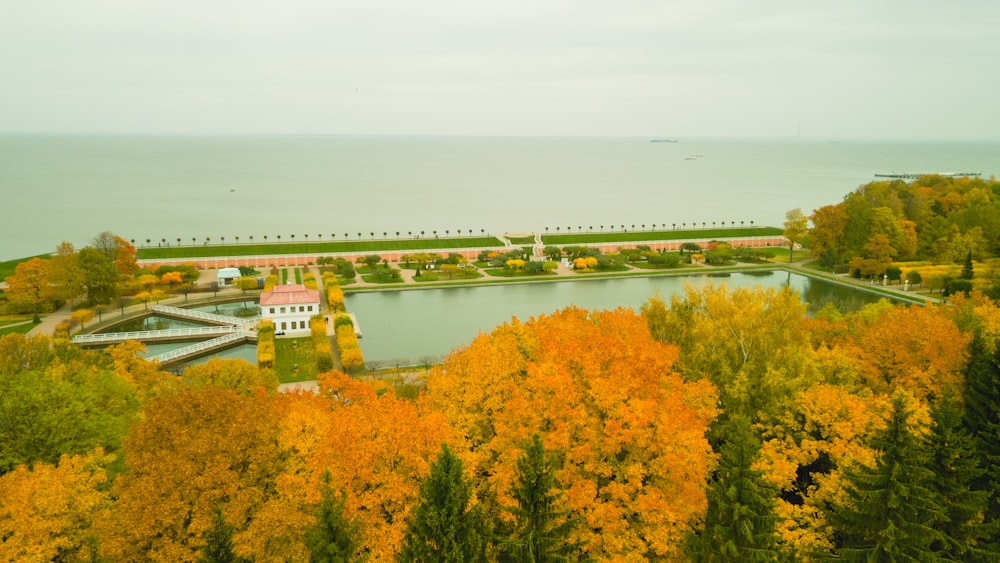 an aerial view of a lake surrounded by trees