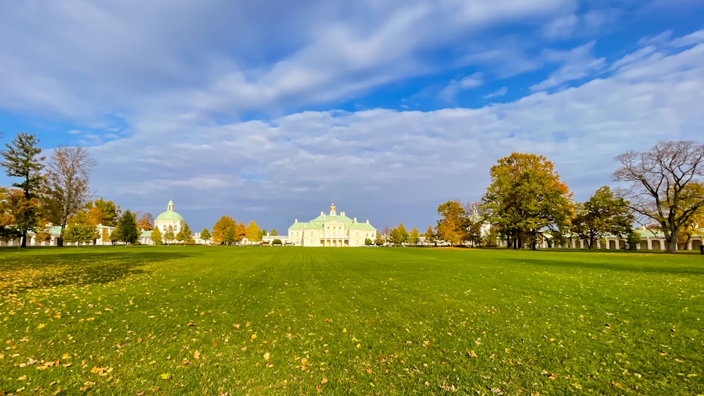 a grassy field with trees and a building in the background