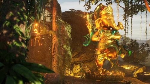 A golden statue of Ganesha intricately designed, positioned in a lush, tropical forest. Vines and greenery surround the area, while warm, glowing light highlights the statue, adding a mystical ambiance.