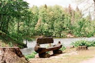 A rustic wooden bench nestled beside a tranquil stream flowing through the woods.