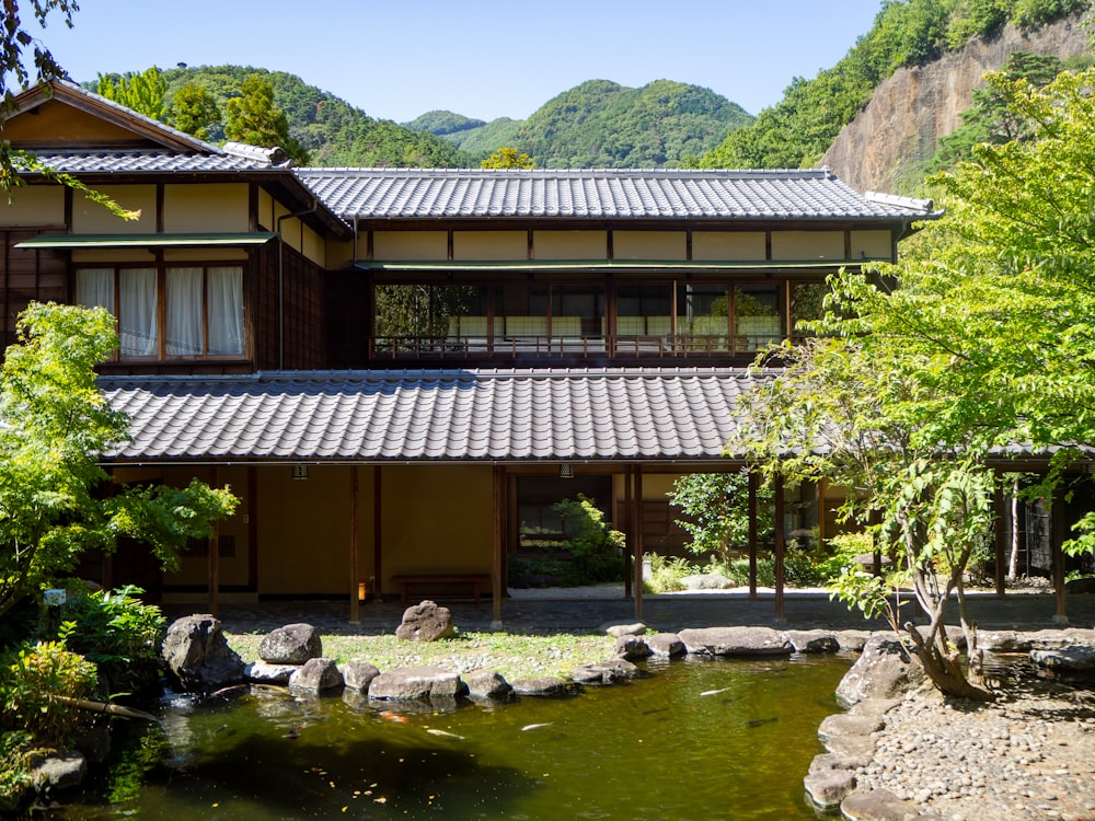 a building with a pond in front of it