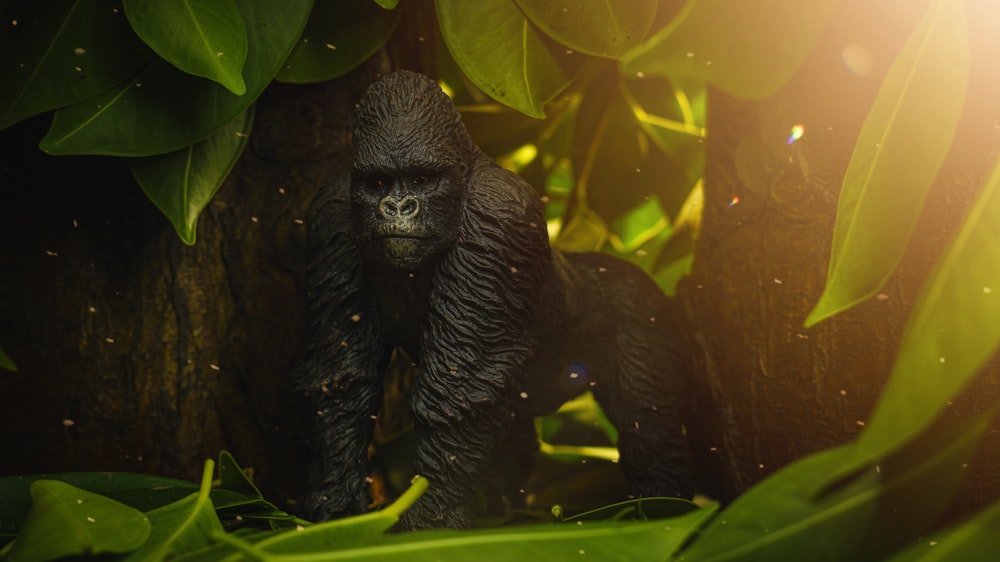 a gorilla standing in the middle of a jungle