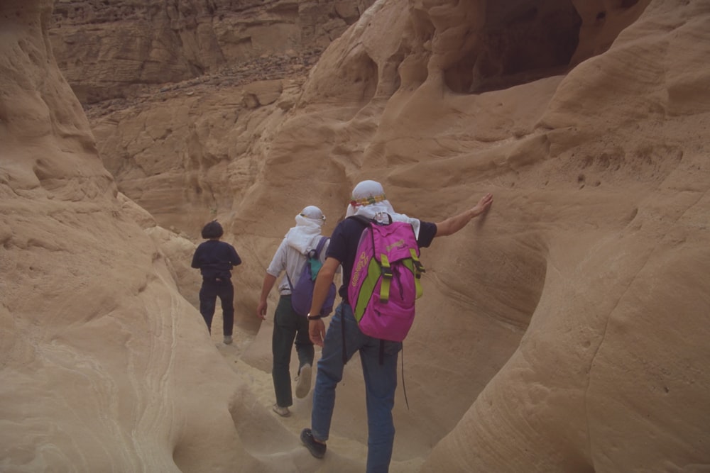 a group of people walking through a desert like area