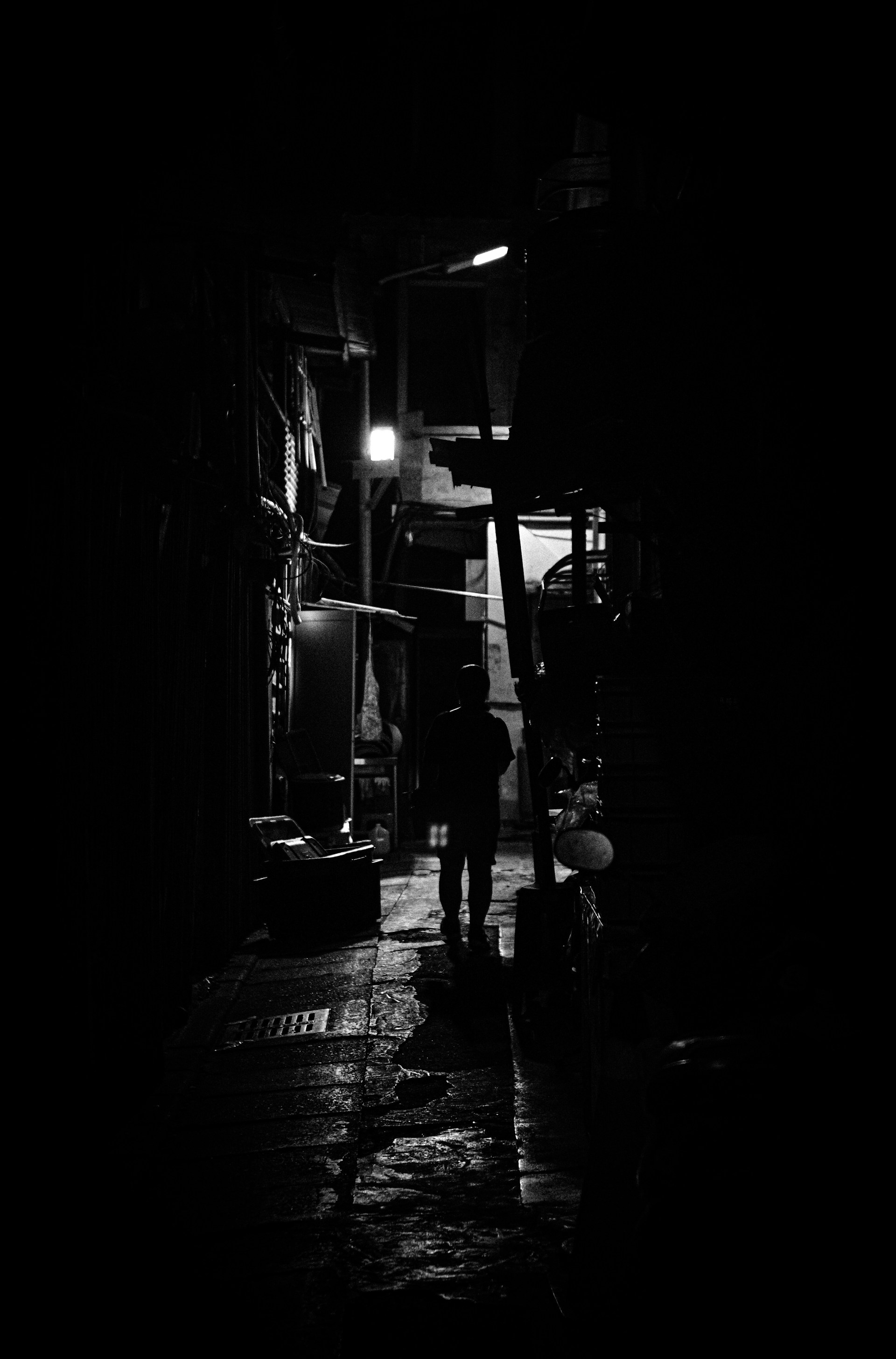 A dark, narrow alleyway is dimly lit by a single overhead light, casting long shadows. A solitary figure is silhouetted, walking away down the wet, uneven path lined with various objects and possibly clutter on the sides.