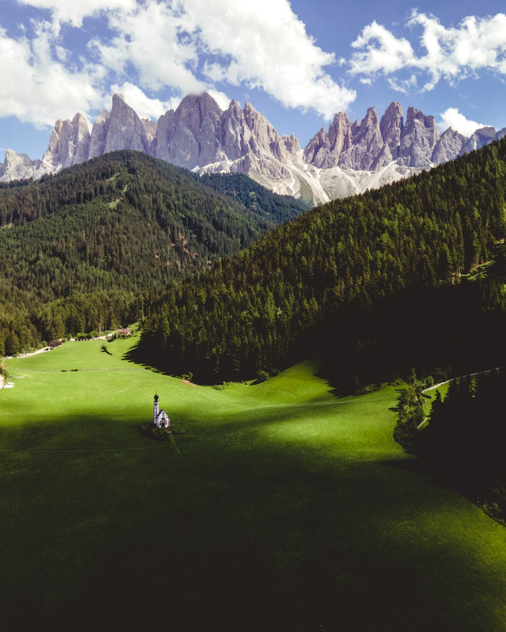 a green valley with mountains in the background