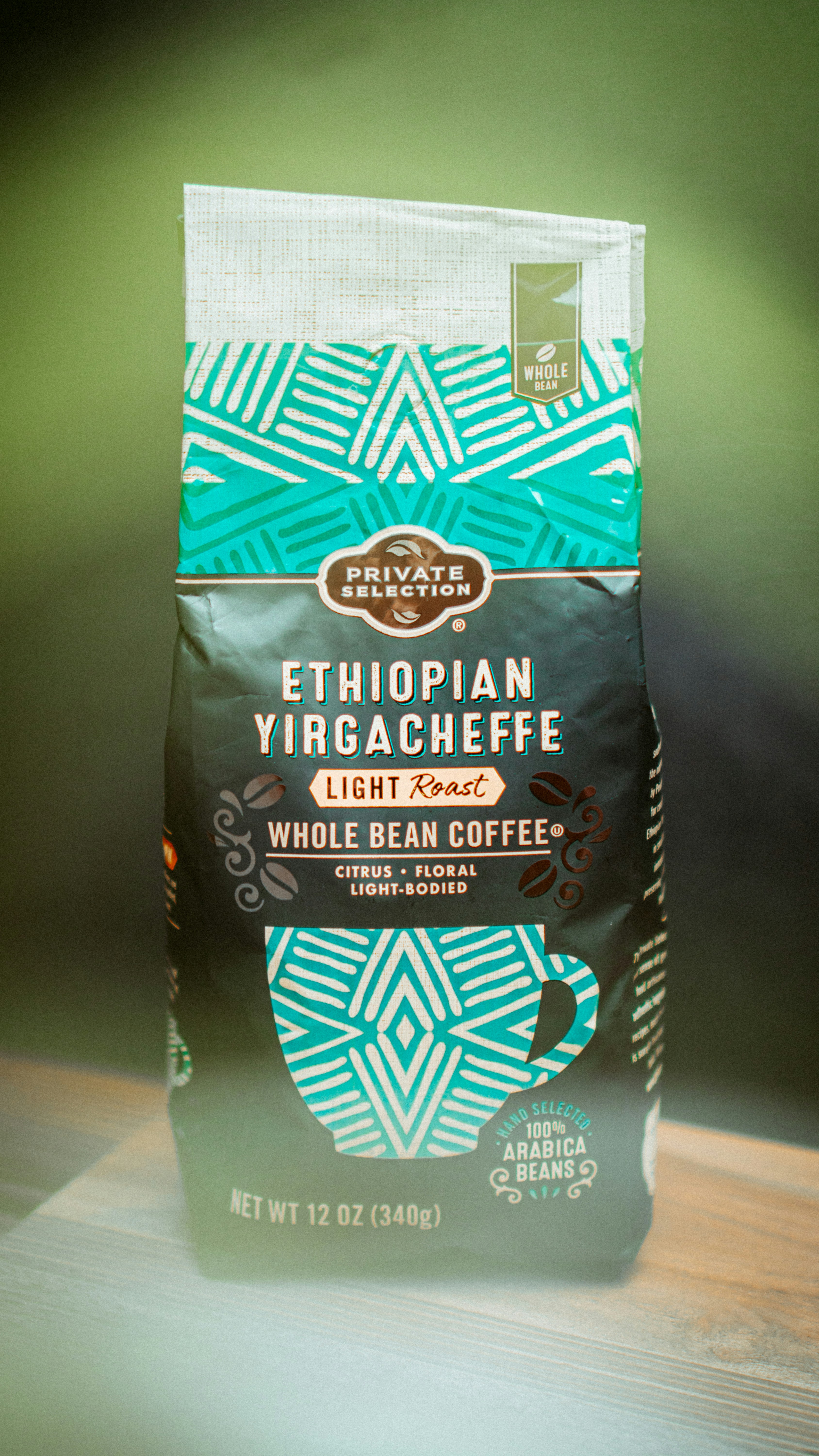 a bag of coffee sitting on top of a table