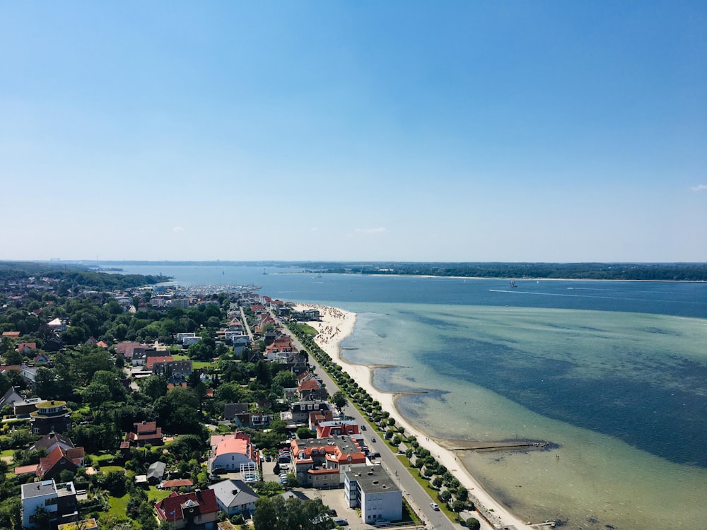 an aerial view of a beach and the ocean