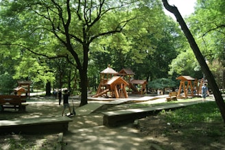a park with a wooden play structure surrounded by trees