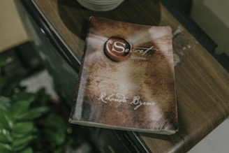 A book with a worn cover titled 'The Secret' by Rhonda Byrne is lying on a wooden surface. There are some green leaves partially visible at the bottom left corner, suggesting the presence of a plant nearby. The lighting and tone suggest a serene, contemplative atmosphere.